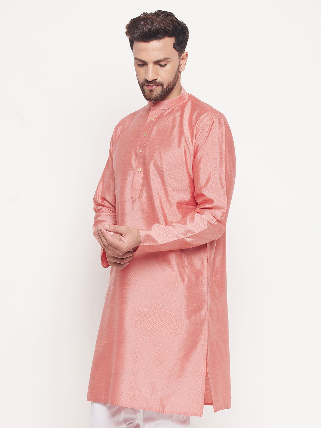 VM BY VASTRAMAY Men's Pink Square Woven Design Silk Blend Kurta