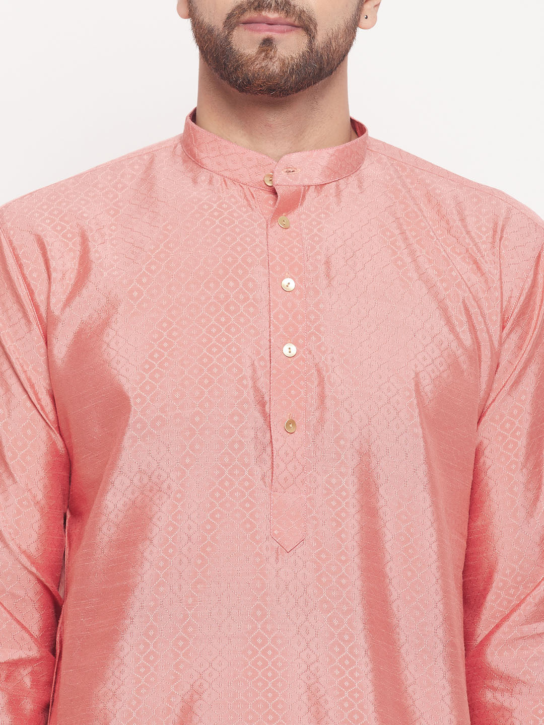 VM BY VASTRAMAY Men's Pink Square Woven Design Silk Blend Kurta