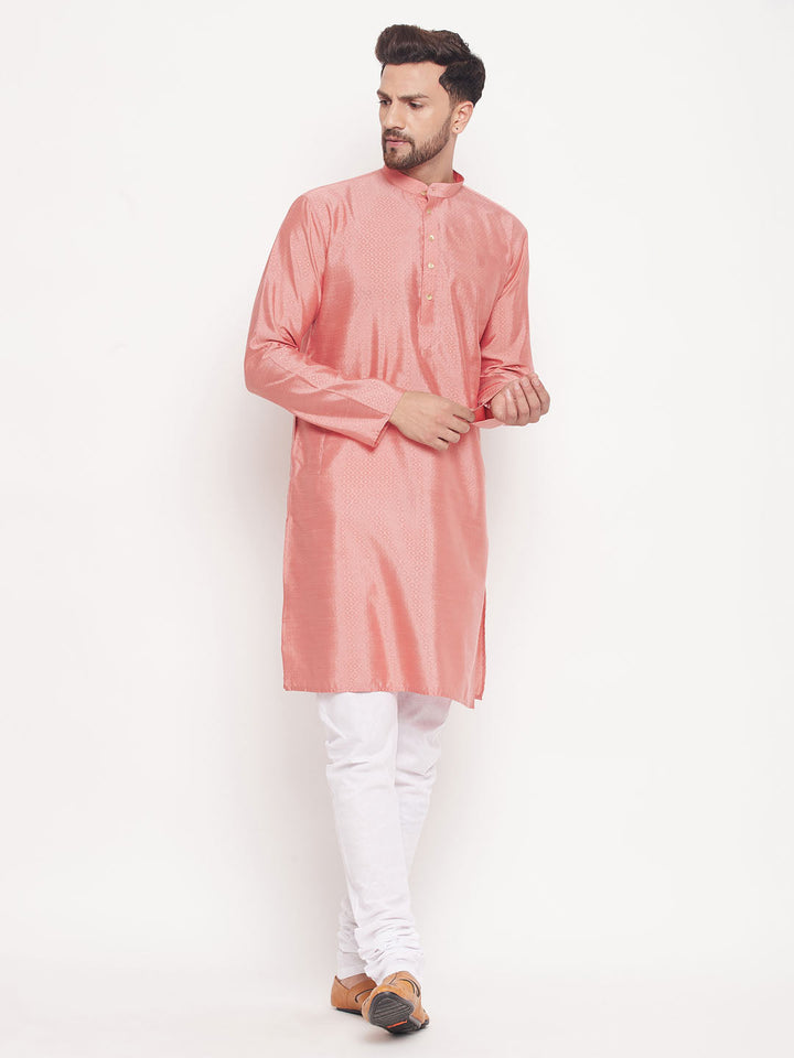 VM BY VASTRAMAY Men's Pink Square Woven Design Silk Blend Kurta With White Pyjama Set