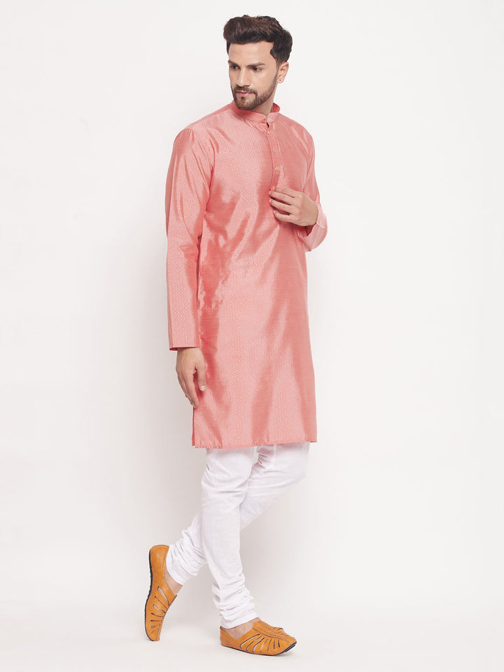 VM BY VASTRAMAY Men's Pink Square Woven Design Silk Blend Kurta With White Pyjama Set