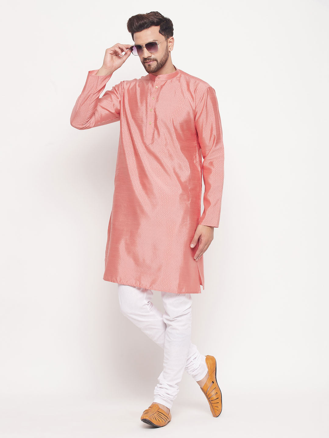 VM BY VASTRAMAY Men's Pink Square Woven Design Silk Blend Kurta With White Pyjama Set