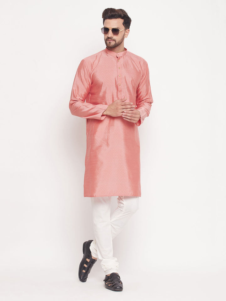 VM BY VASTRAMAY Men's Pink Square Woven Design Silk Blend Kurta With Cream Pyjama Set