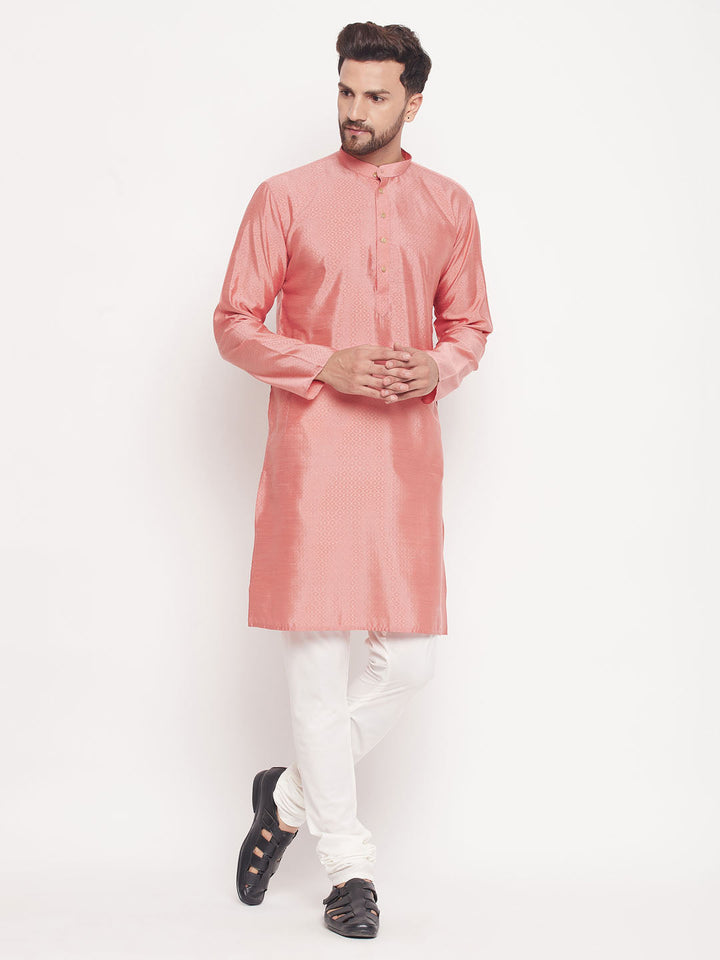 VM BY VASTRAMAY Men's Pink Square Woven Design Silk Blend Kurta With Cream Pyjama Set