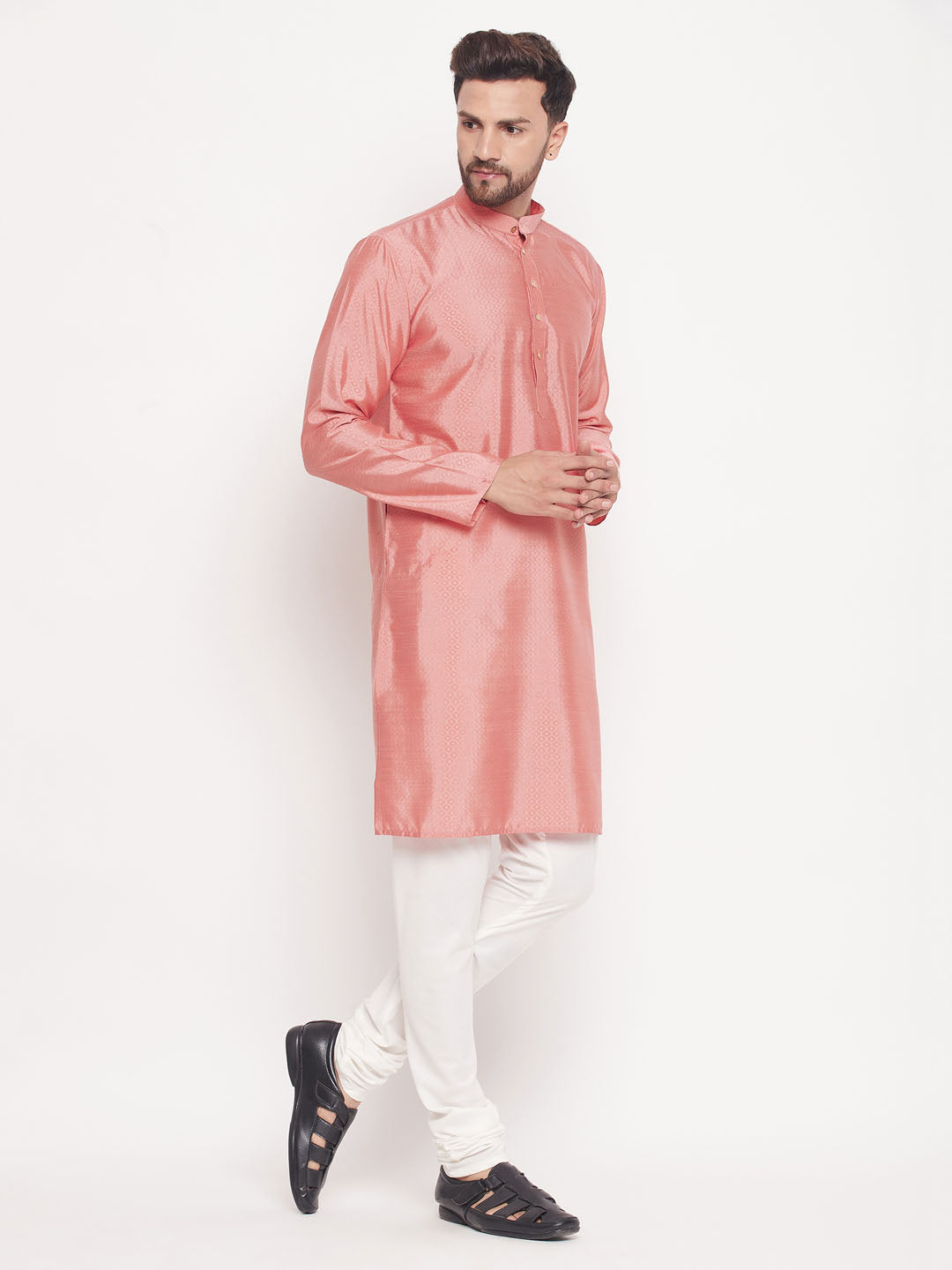 VM BY VASTRAMAY Men's Pink Square Woven Design Silk Blend Kurta With Cream Pyjama Set