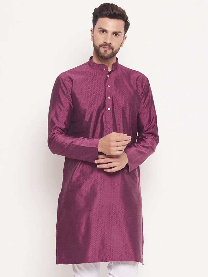 VM BY VASTRAMAY Men's Purple Square Woven Design Silk Blend Kurta