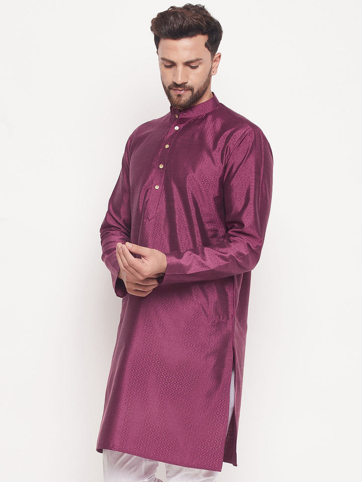 VM BY VASTRAMAY Men's Purple Square Woven Design Silk Blend Kurta