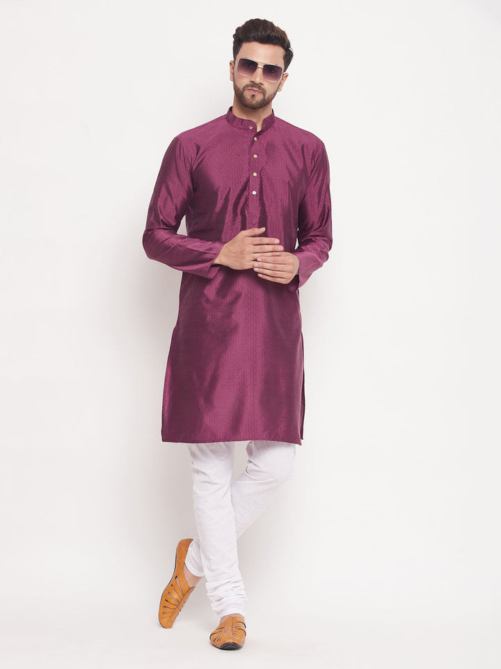 VM BY VASTRAMAY Men's Purple Square Woven Design Silk Blend Kurta