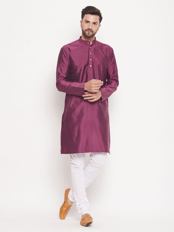 VM BY VASTRAMAY Men's Purple Square Woven Silk Blend Kurta With White Pyjama Set