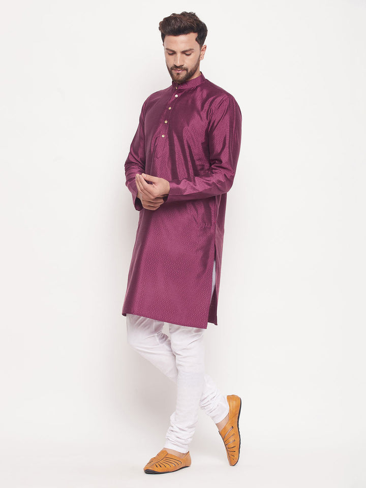 VM BY VASTRAMAY Men's Purple Square Woven Silk Blend Kurta With White Pyjama Set