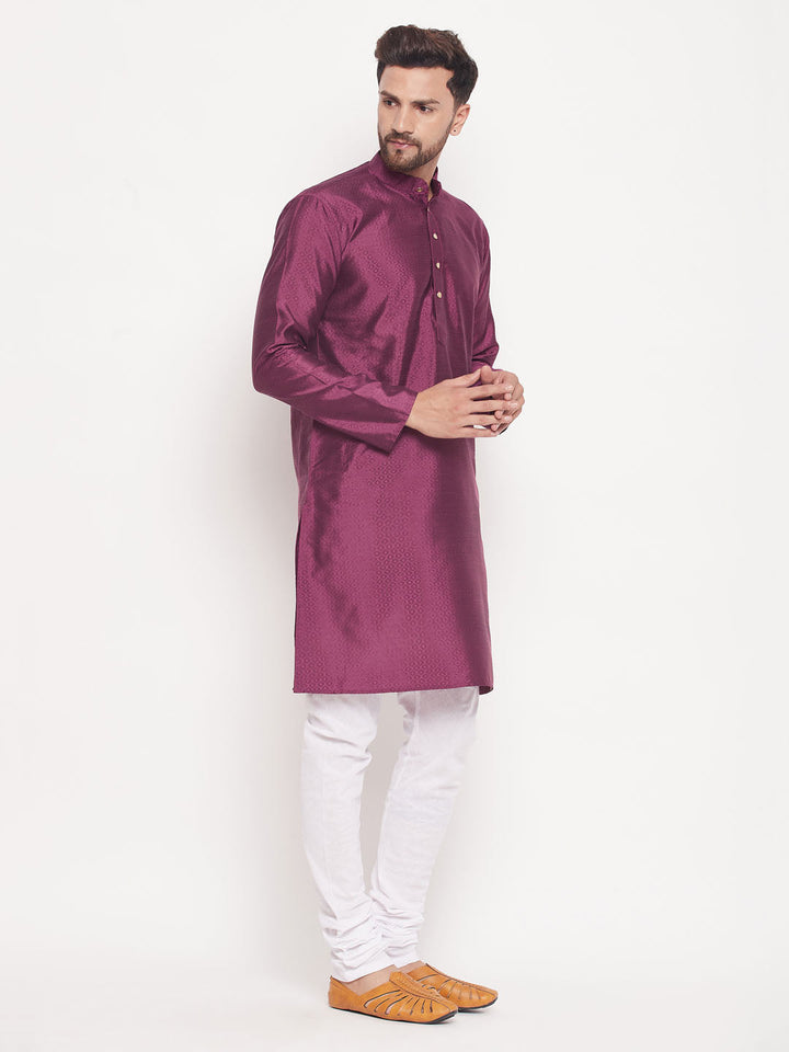 VM BY VASTRAMAY Men's Purple Square Woven Silk Blend Kurta With White Pyjama Set