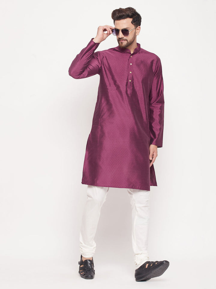 VM BY VASTRAMAY Men's Purple Square Woven Design Silk Blend Kurta With Cream Pyjama Set