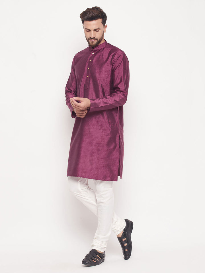 VM BY VASTRAMAY Men's Purple Square Woven Design Silk Blend Kurta With Cream Pyjama Set