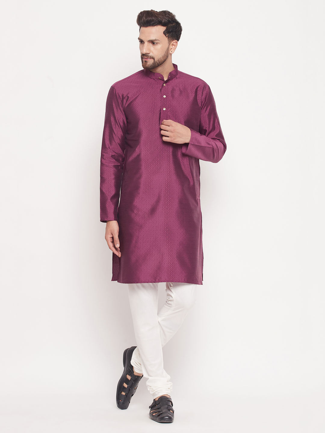 VM BY VASTRAMAY Men's Purple Square Woven Design Silk Blend Kurta With Cream Pyjama Set