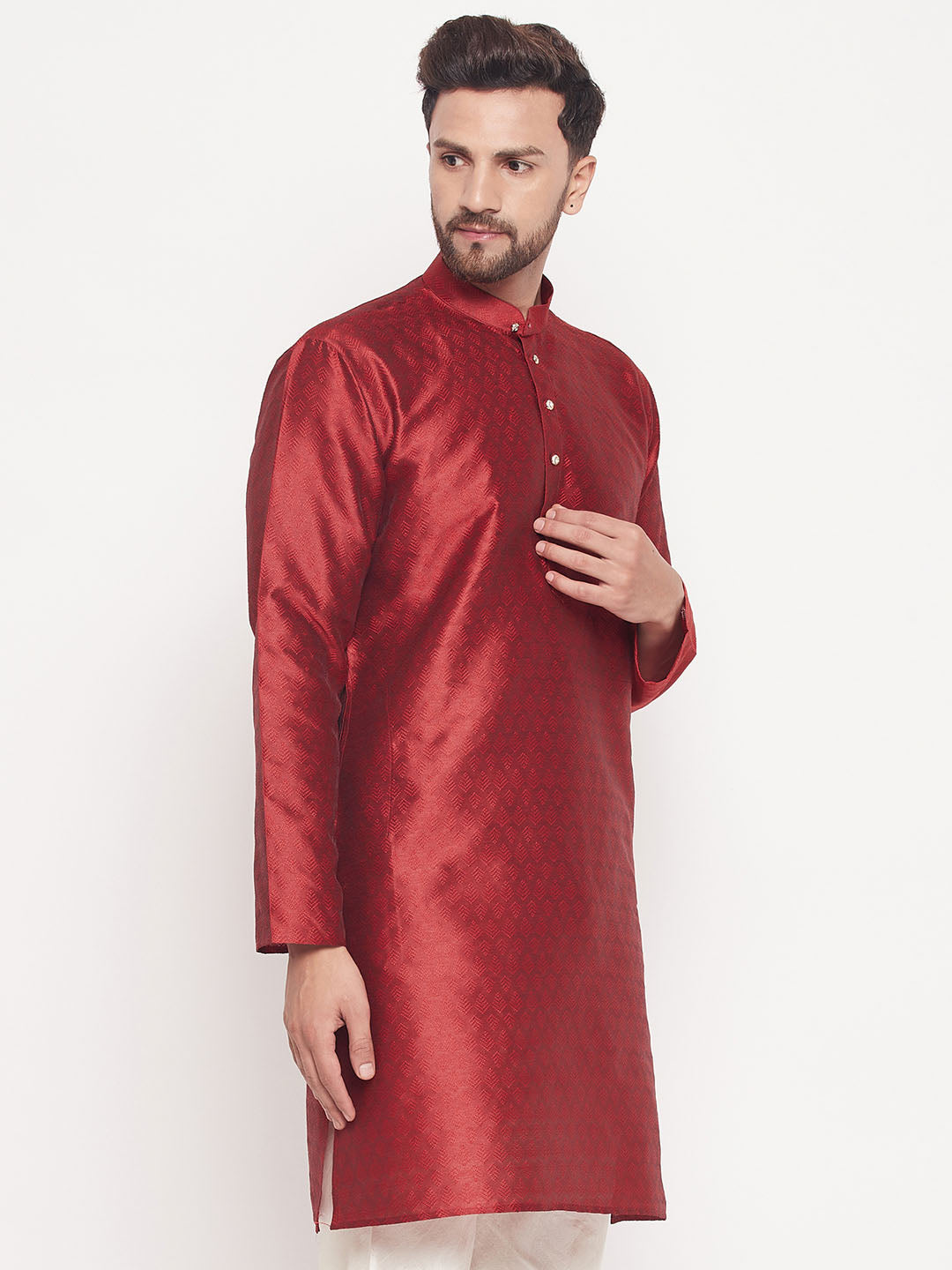 VM BY VASTRAMAY Men's Maroon Woven Kurta