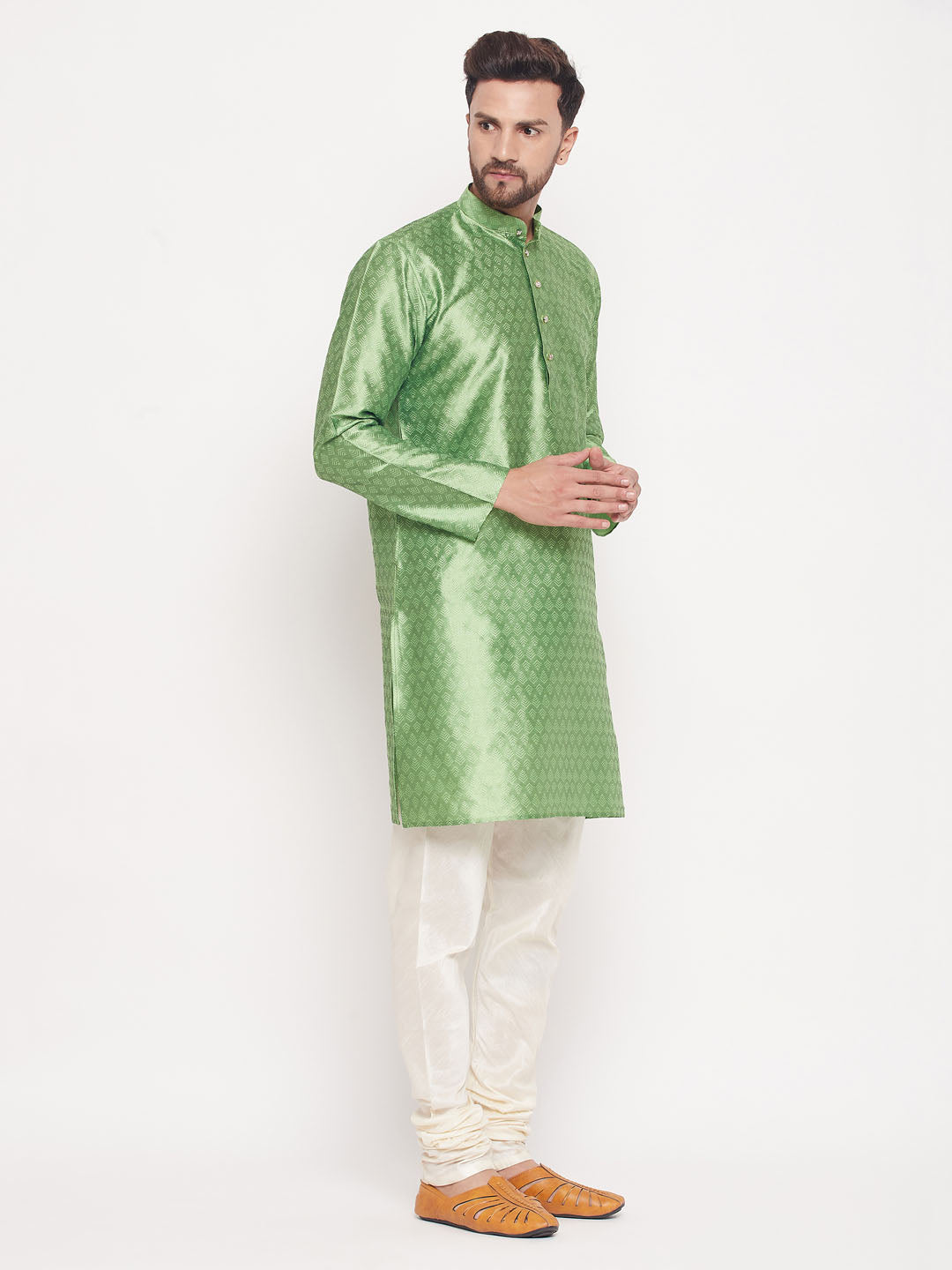 VM BY VASTRAMAY Men's Mint Green Woven Kurta Pyjama Set