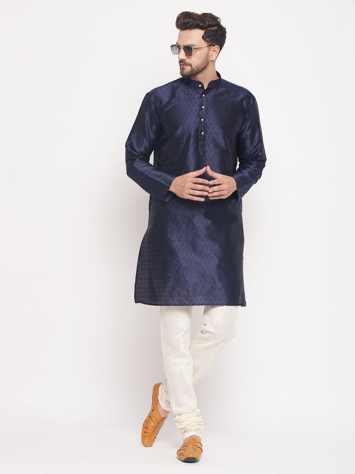 VM BY VASTRAMAY Men's Navy Blue Woven Kurta Pyjama Set