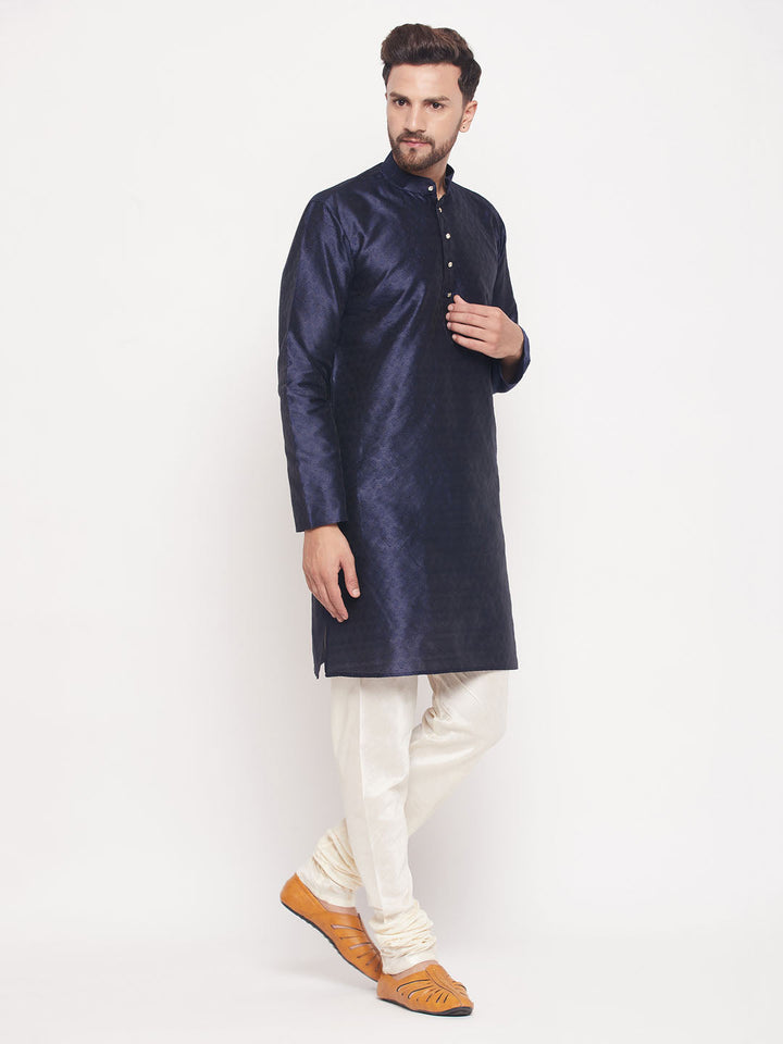 VM BY VASTRAMAY Men's Navy Blue Woven Kurta Pyjama Set