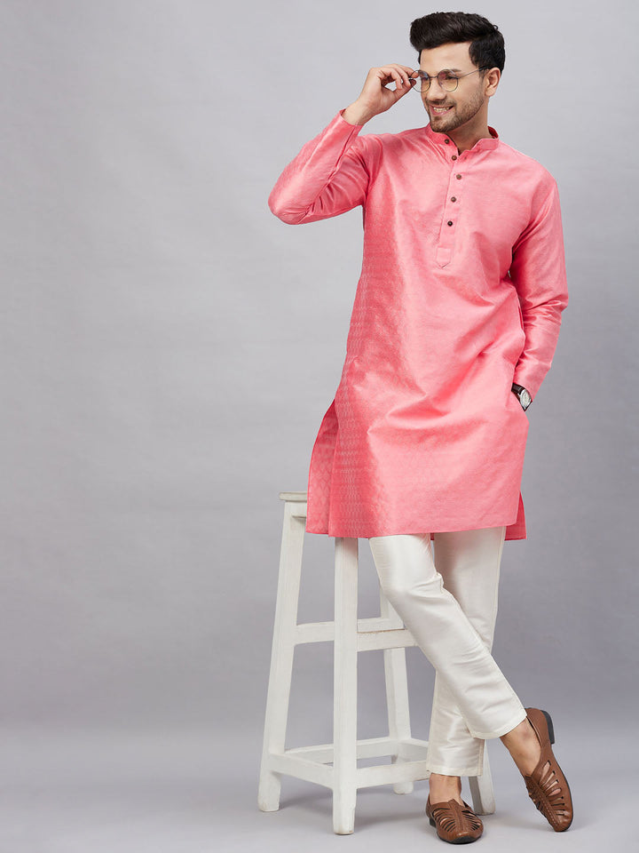 VM BY VASTRAMAY Men's Pink Woven Kurta With pant Set, stylish Indian traditional outfit for men, perfect for festive occasions and cultural events