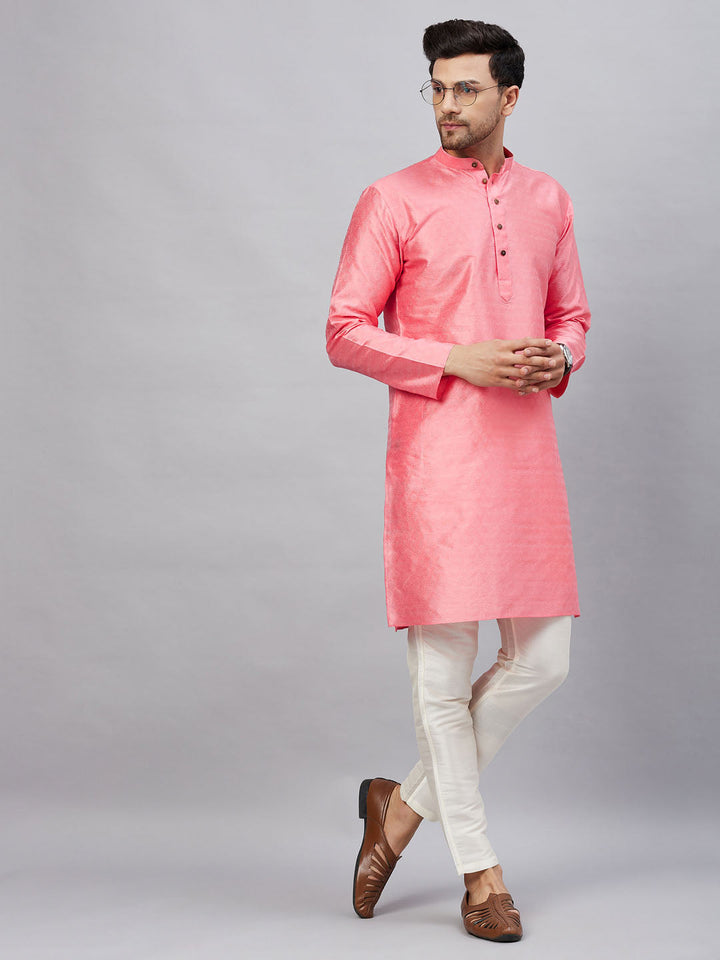 VM BY VASTRAMAY Men's Pink Woven Kurta With Pant Set, Traditional Indian Ethnic Wear for Men, Elegant and Stylish Outfit