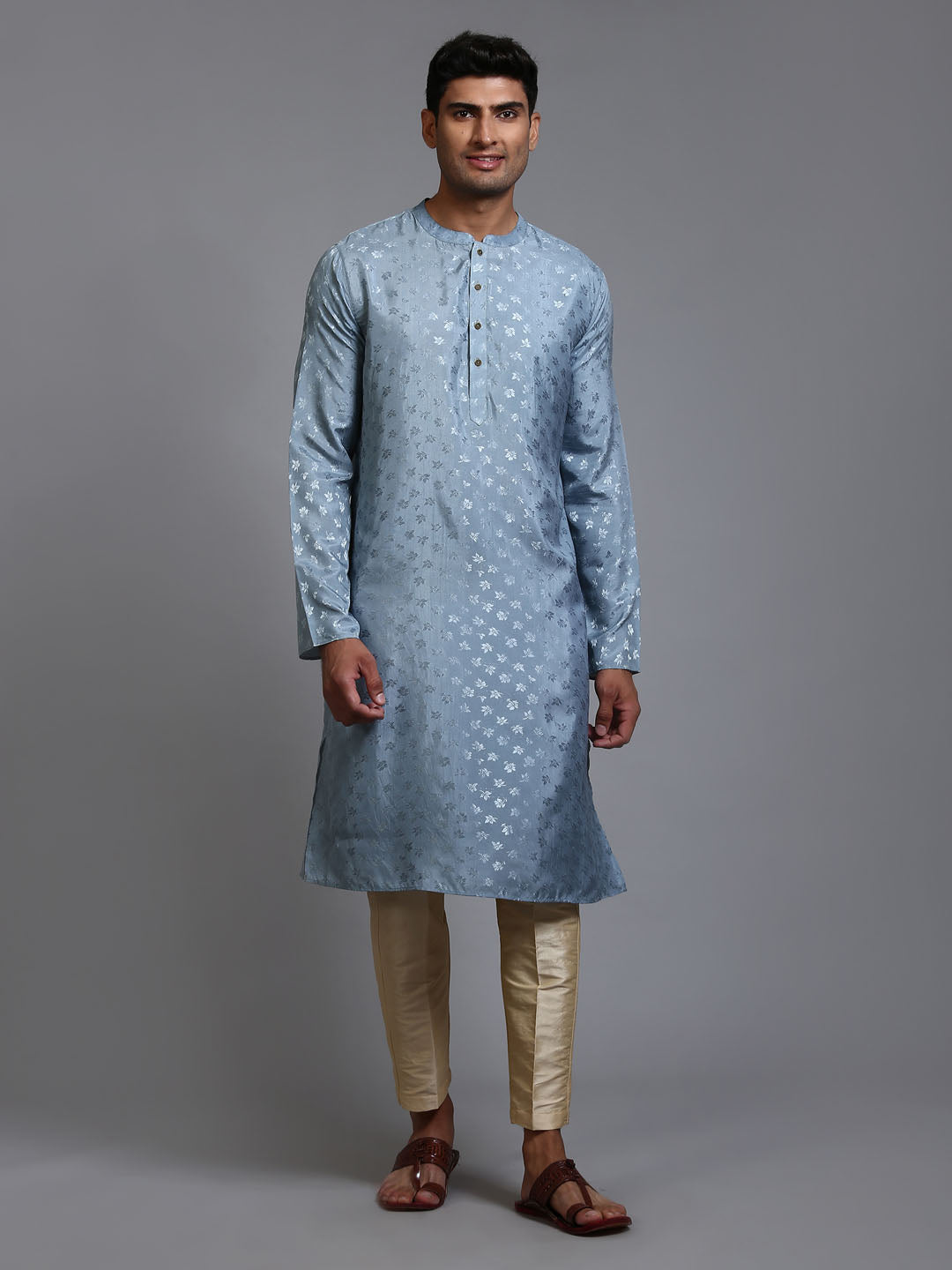 VM BY VASTRAMAY Men's Grey Jacquard Kurta