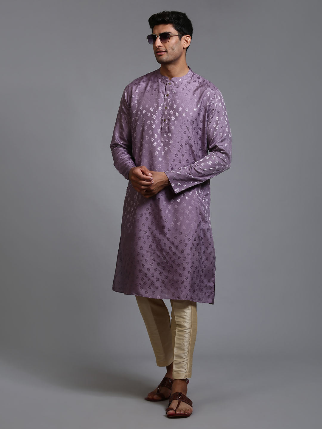 VM BY VASTRAMAY Men's Purple Jacquard Kurta with Pant Set