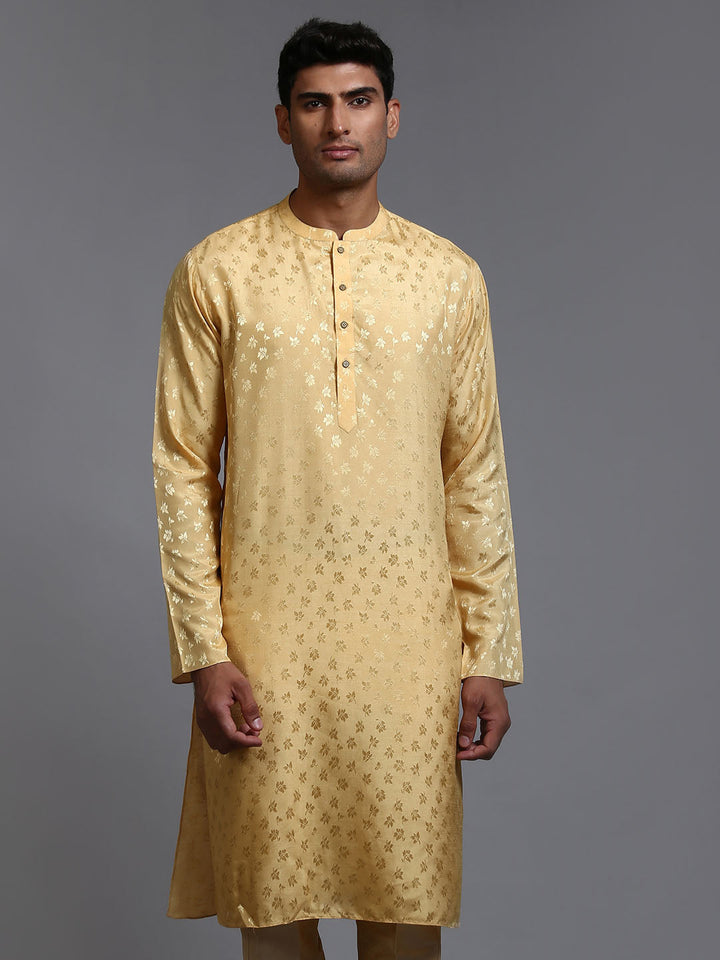 VM BY VASTRAMAY Men's Yellow Jacquard Kurta