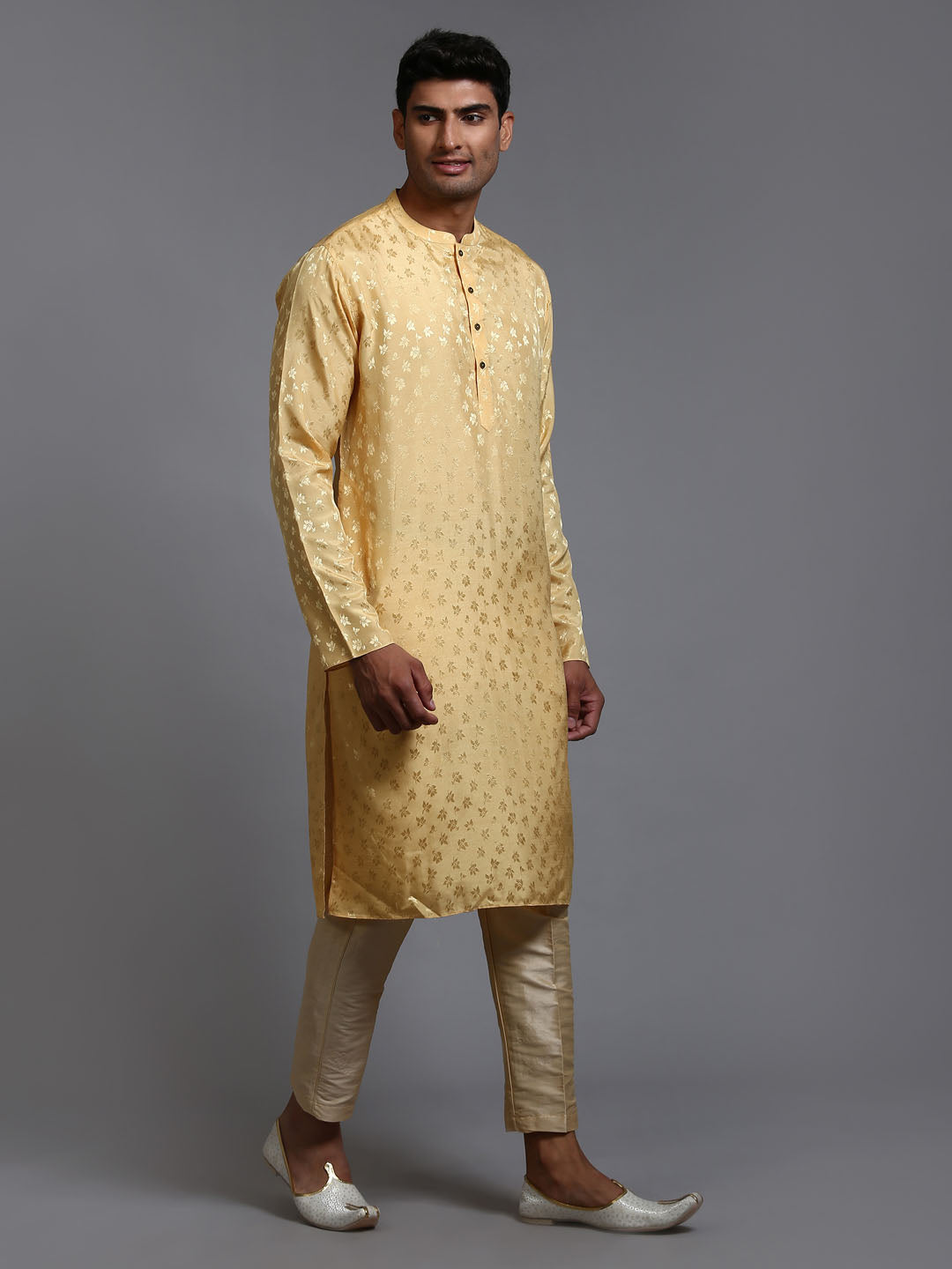 VM BY VASTRAMAY Men's Yellow Jacquard Kurta with Pant Set