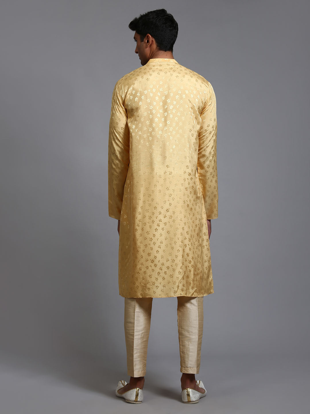 VM BY VASTRAMAY Men's Yellow Jacquard Kurta with Pant Set