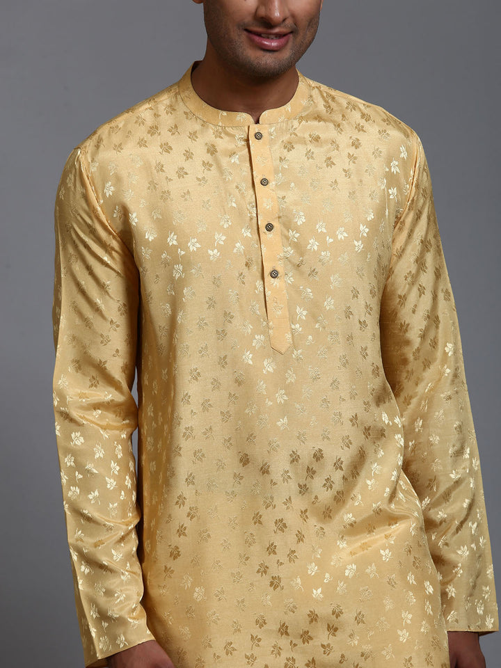 VM BY VASTRAMAY Men's Yellow Jacquard Kurta with Pant Set