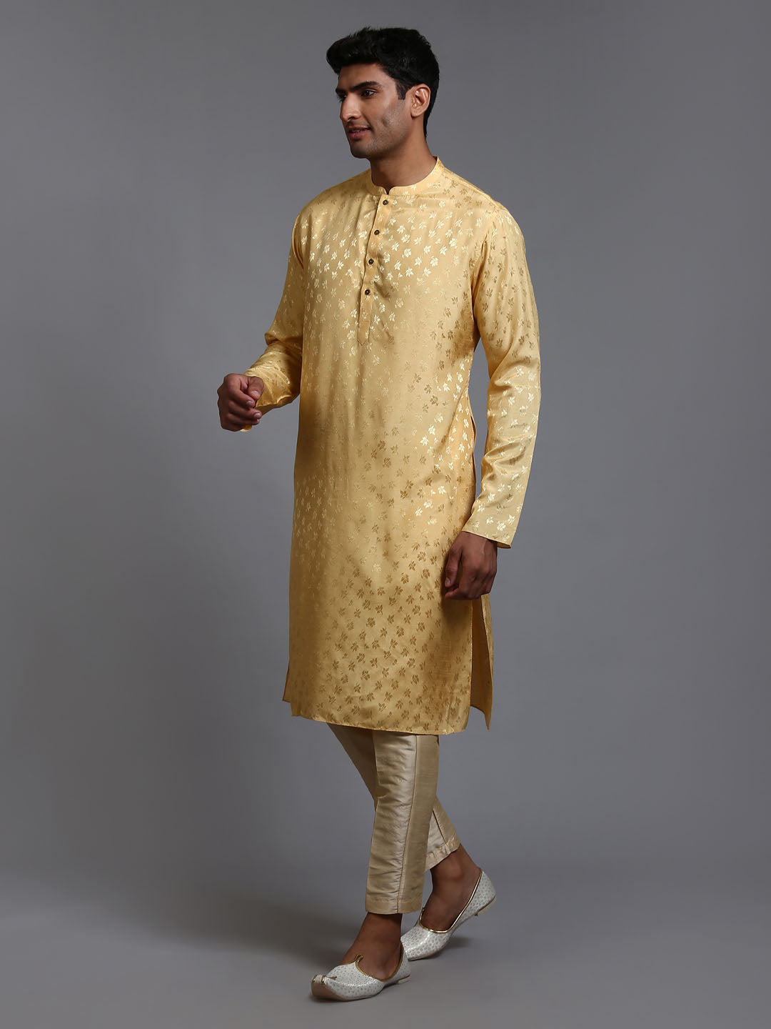 VM BY VASTRAMAY Men's Yellow Jacquard Kurta with Pant Set