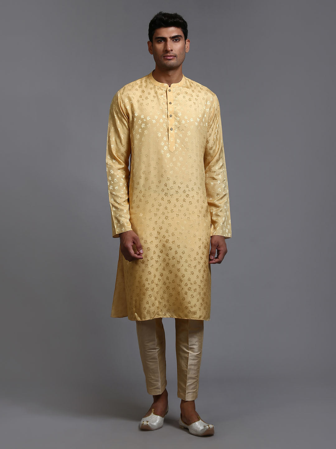 VM BY VASTRAMAY Men's Yellow Jacquard Kurta with Pant Set