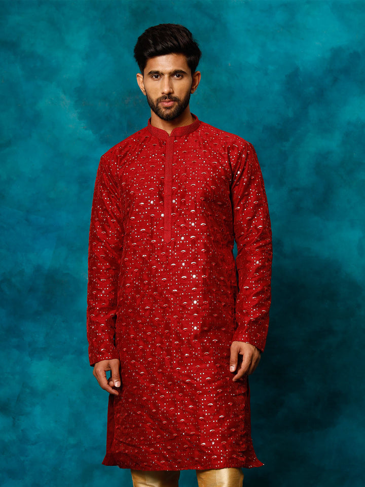 VM By VASTRAMAY Men's Maroon Silk Blend Embellished Kurta