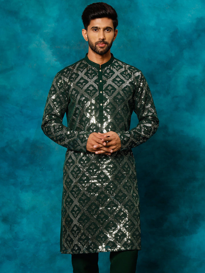 VM By Vastramay Men's Green Embellished Georgette Kurta