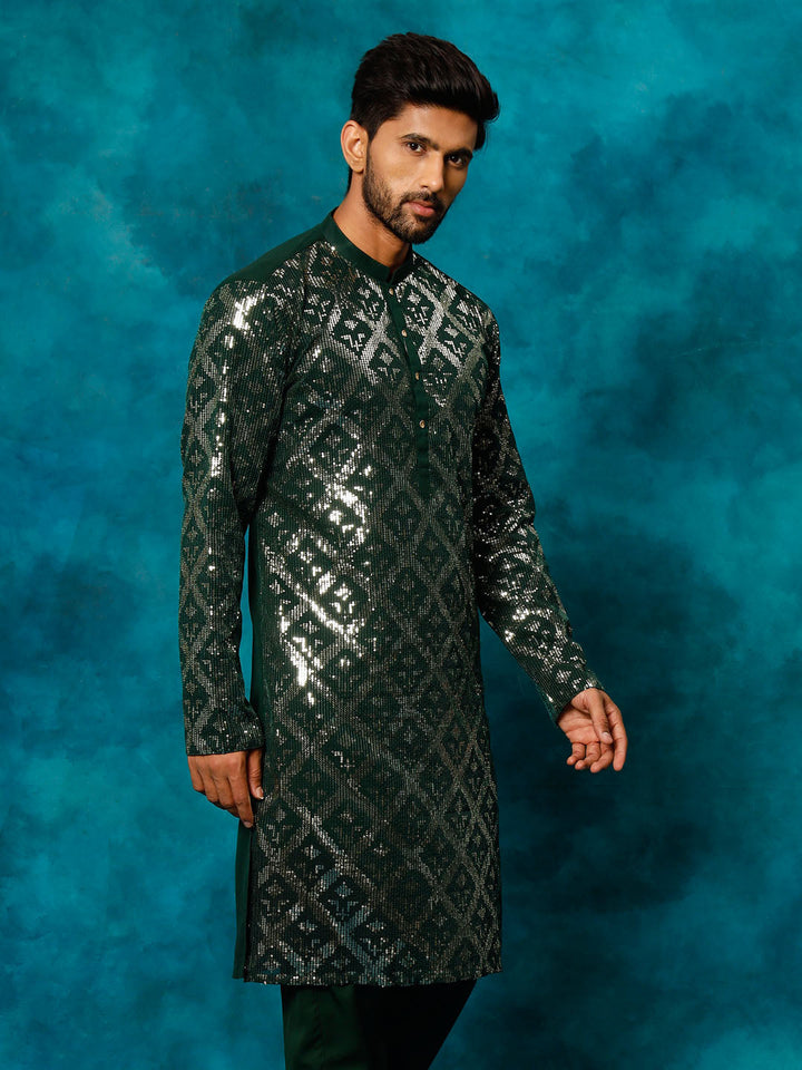 VM By Vastramay Men's Green Embellished Georgette Kurta