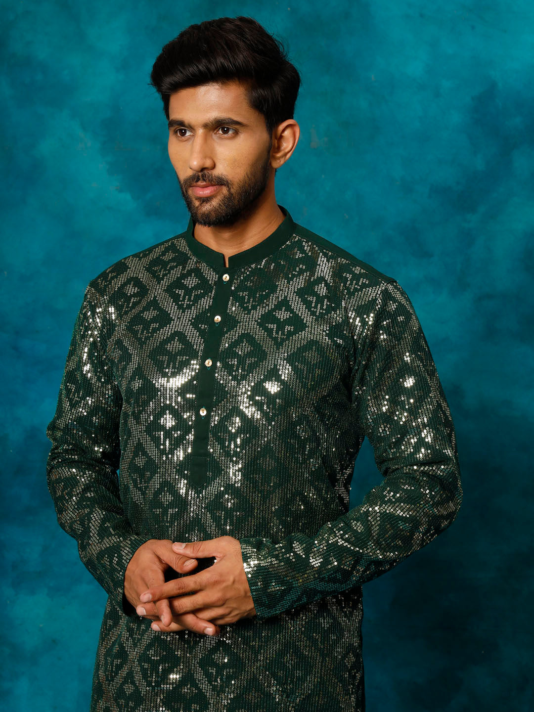 VM By Vastramay Men's Green Embellished Georgette Kurta