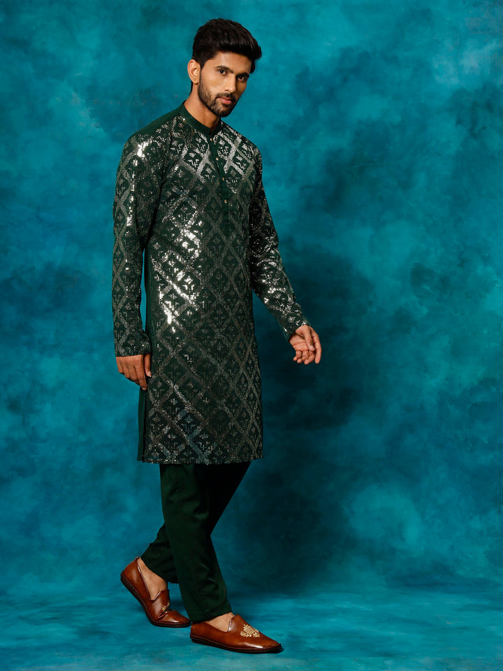 VM Men's Green Embellished Georgette Kurta Pyjama Set