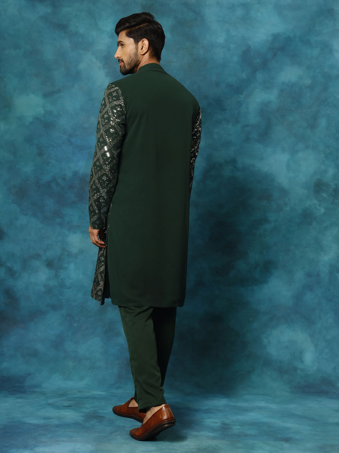 VM Men's Green Embellished Georgette Kurta Pyjama Set