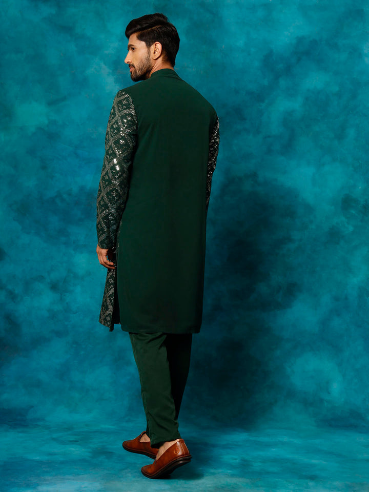 VM Men's Green Embellished Georgette Kurta Pyjama Set