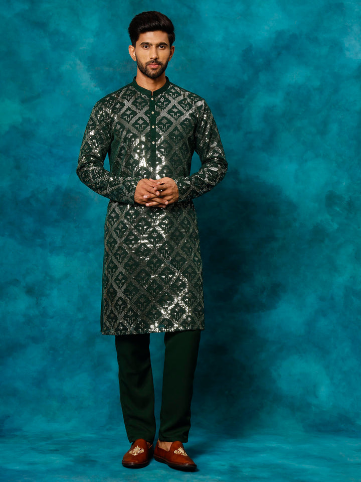 VM Men's Green Embellished Georgette Kurta Pyjama Set