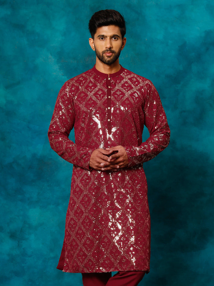 VM By Vastramay Men's Maroon Embellished Georgette Kurta