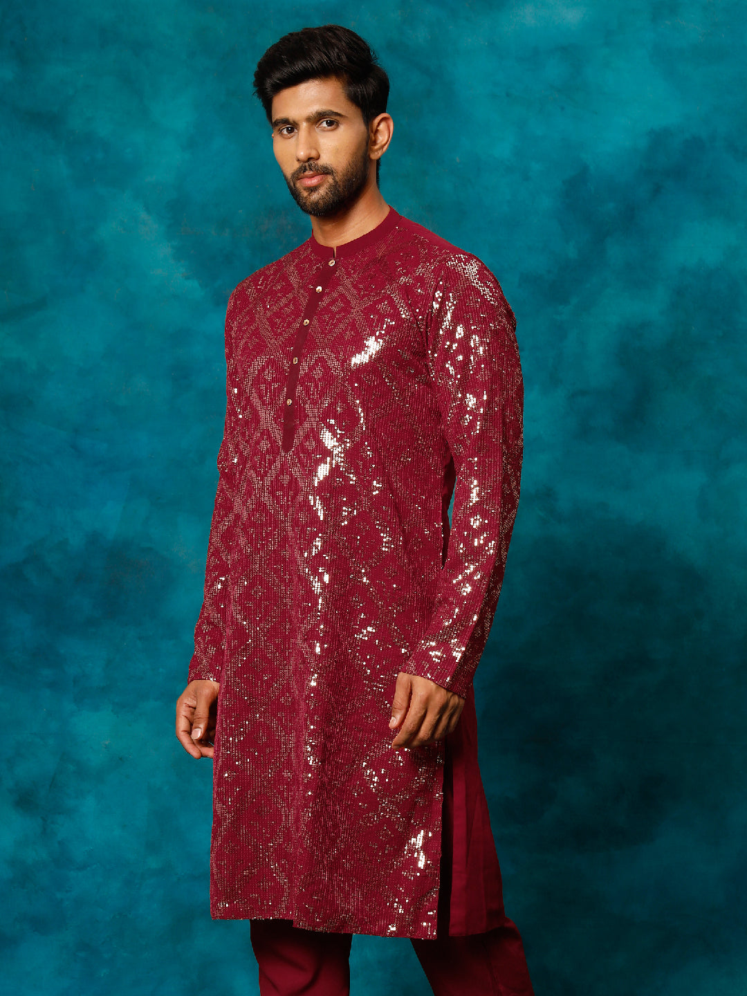 VM By Vastramay Men's Maroon Embellished Georgette Kurta