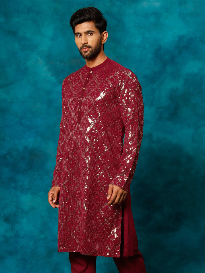 VM By Vastramay Men's Maroon Embellished Georgette Kurta