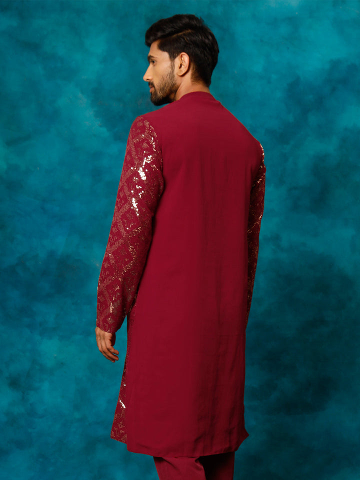 VM By Vastramay Men's Maroon Embellished Georgette Kurta