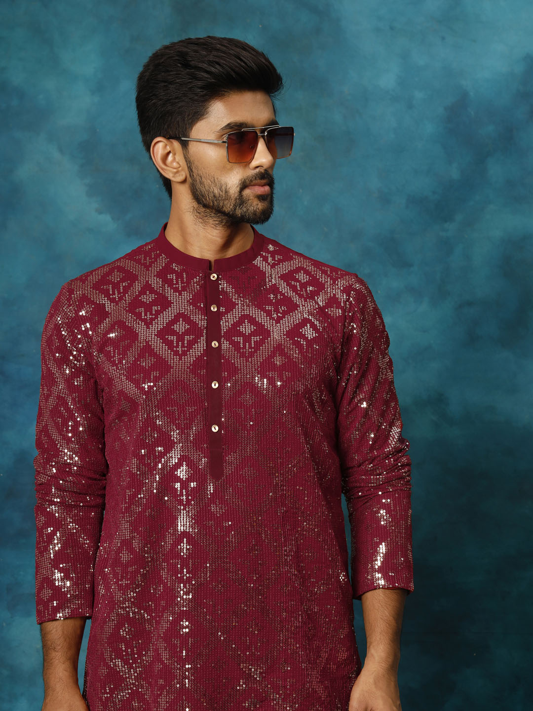 VM By Vastramay Men's Maroon Embellished Georgette Kurta