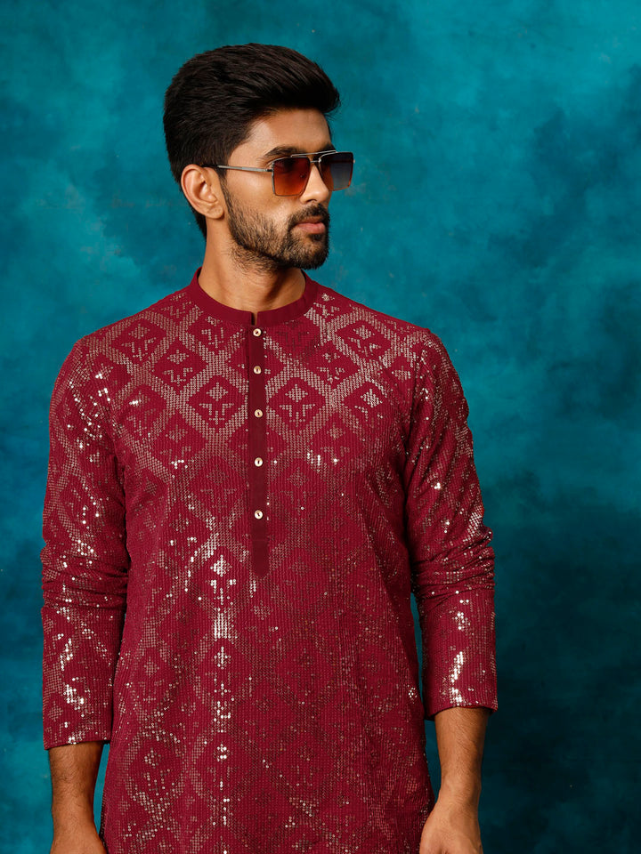 VM By Vastramay Men's Maroon Embellished Georgette Kurta