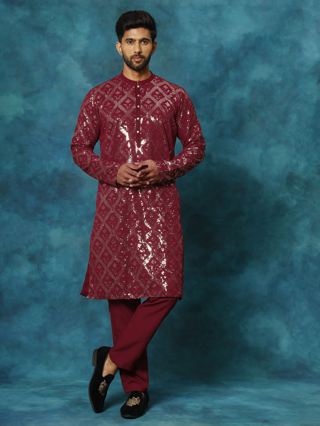 VM By Vastramay Men's Maroon Embellished Georgette Kurta