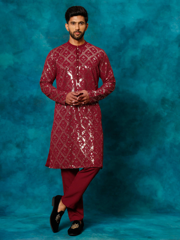 VM By Vastramay Men's Maroon Embellished Georgette Kurta