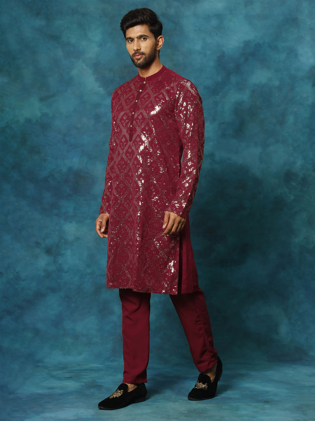 VM Men's Maroon Embellished Georgette Kurta Pyjama Set