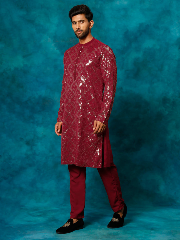 VM Men's Maroon Embellished Georgette Kurta Pyjama Set