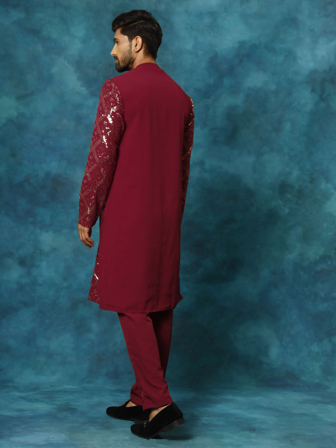 VM Men's Maroon Embellished Georgette Kurta Pyjama Set